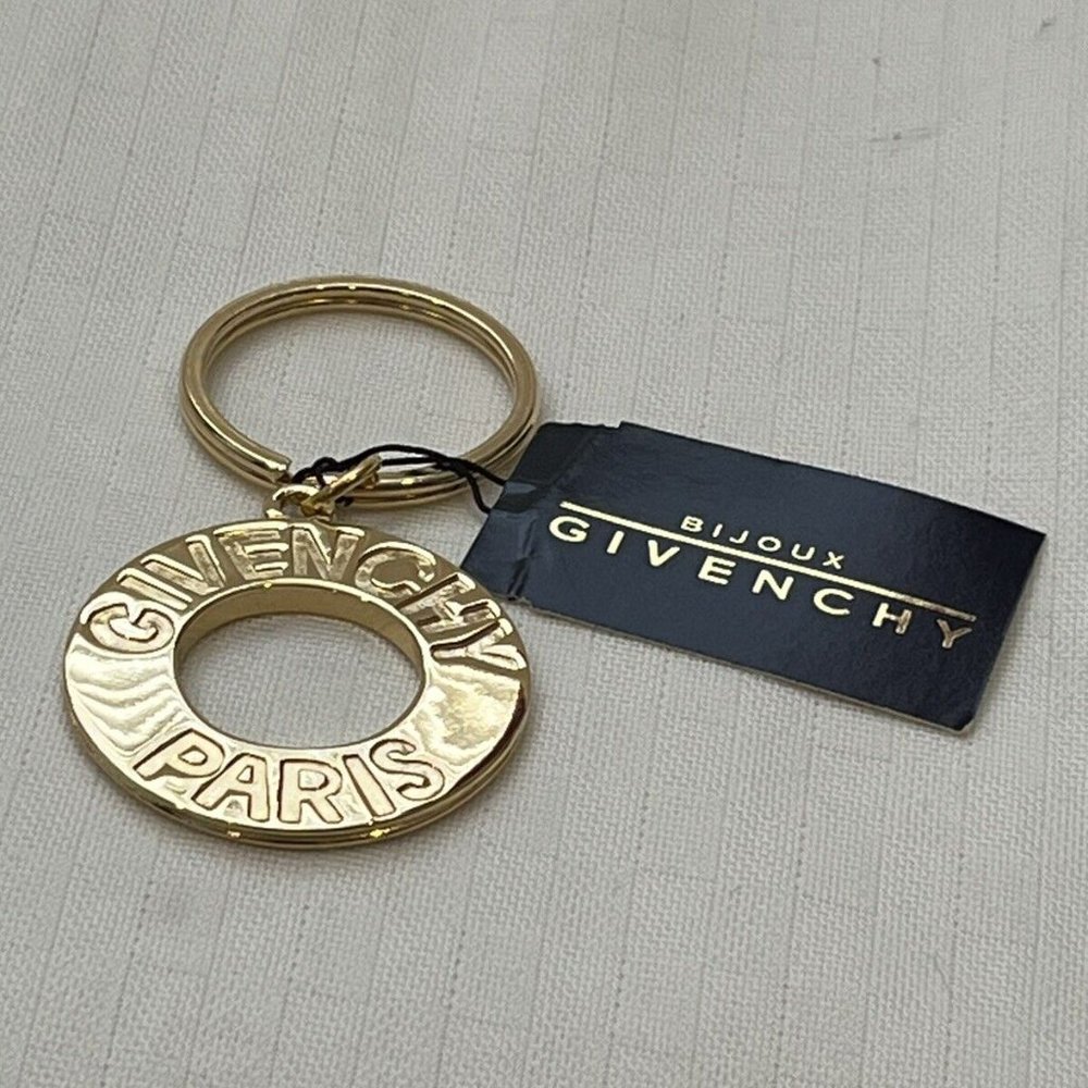 Givenchy Vintage Key Ring Key Fob Keychain Gold Paris Logo Round NOS 1980s